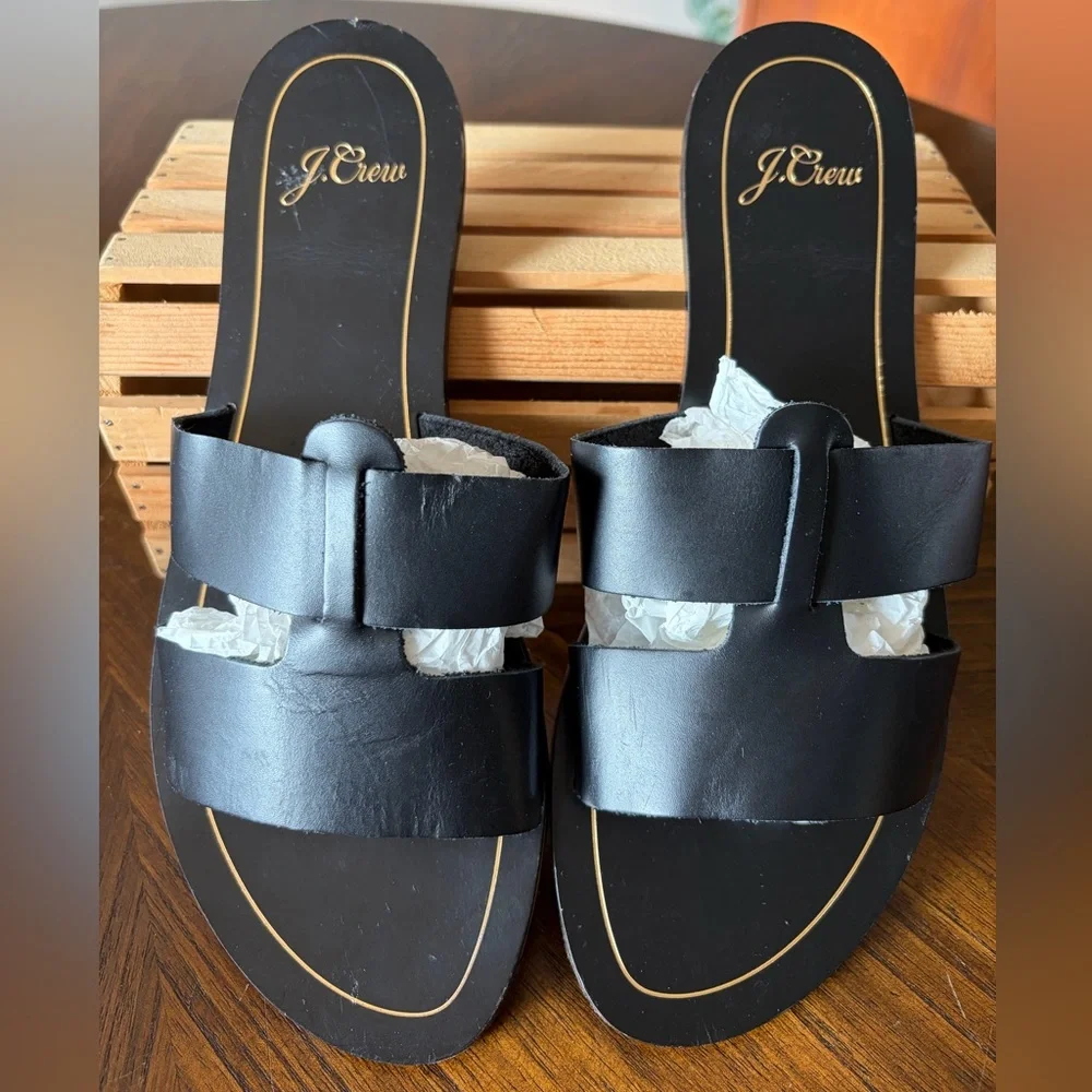 J. Crew Cyprus Sandals Interlocking Straps Black Leather Made in Italy Size 9 - Picture 2 of 13